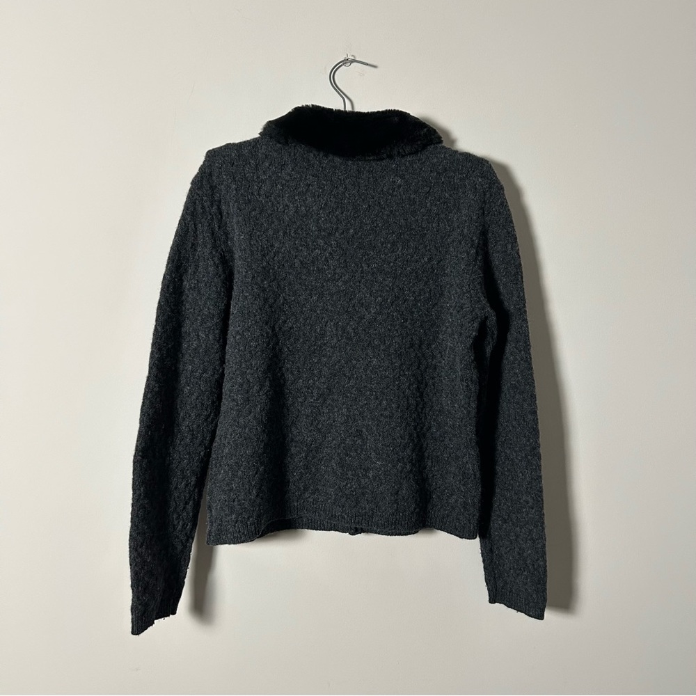 Gap Vintage 90s Faux Fur Collar Wool Cardigan Womens XL Grey Black - Picture 6 of 6